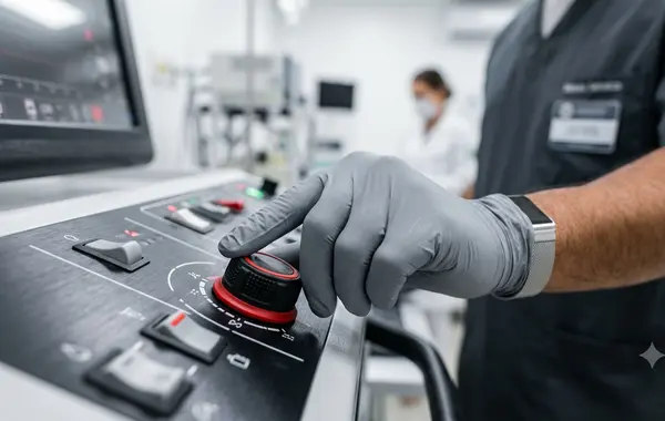 Detalhe de calibração e ajuste de equipamento médico