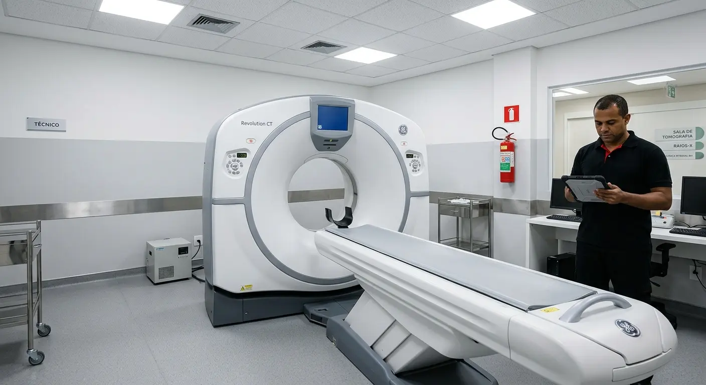 Tomografia GE instalada em sala de diagnóstico por imagem