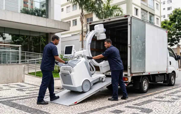 Técnicos da Reparar carregando equipamento de raio-X móvel em caminhão com rampa