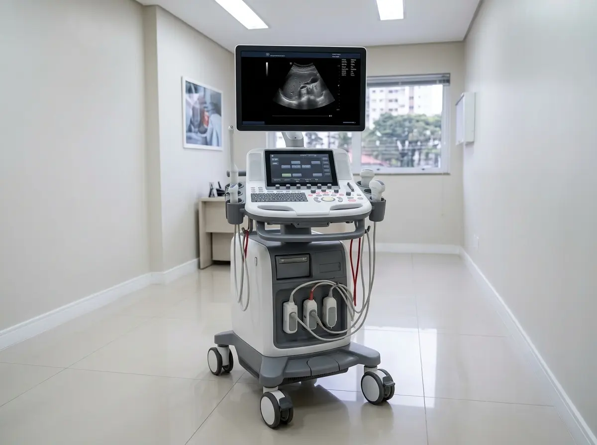 Aparelho de ultrassom móvel em sala de exame clínica